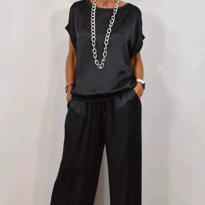 Ensemble Deux Pièces en Satin Élégant avec Blouse Ample et Pantalon à Jambe Large 3