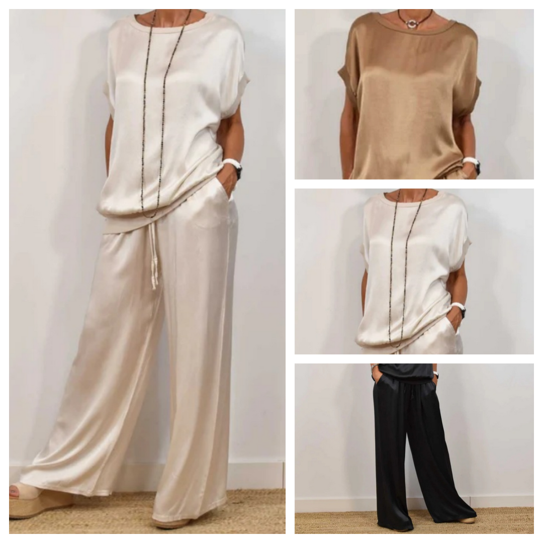 Ensemble Deux Pièces en Satin Élégant avec Blouse Ample et Pantalon à Jambe Large 6