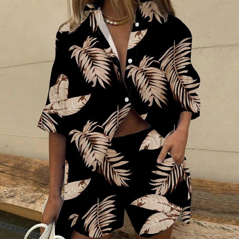 Ensemble Femme Blouse et Short Confortable en Tissu Respirant – Design Inspiré des Feuilles pour l'Été 2