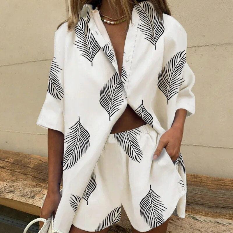 Ensemble Femme Blouse et Short Confortable en Tissu Respirant – Design Inspiré des Feuilles pour l'Été 3