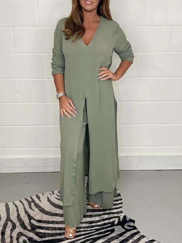 Ensemble Femme Décontracté à Deux Pièces avec Blouse et Pantalon Élastique 0