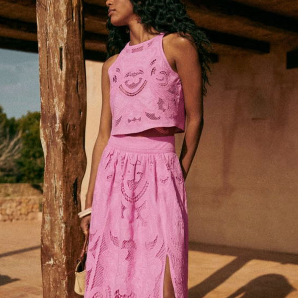Ensemble Femme Dentelle Aérée avec Top à Bretelles Fines et Jupe Fendue Taille Haute – Style Bohème Chic 1