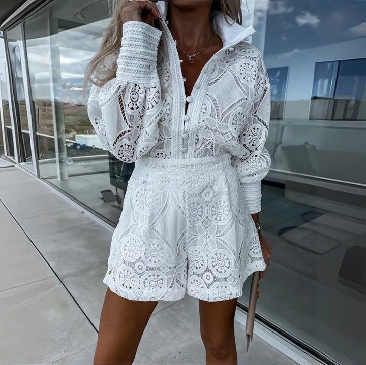 Ensemble Femme Élégant en Dentelle – Haut et Short Taille Haute Blanc, Confort Optimal pour Toutes Occasions 1