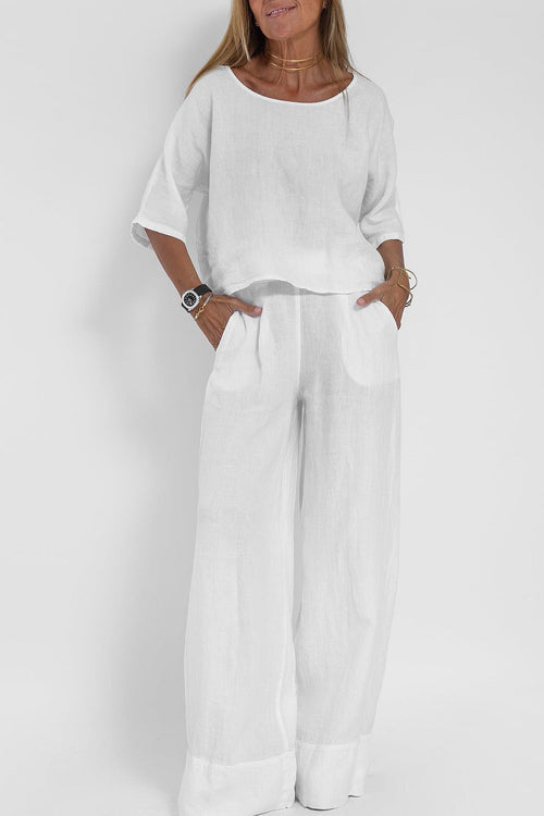 Ensemble Tailleur Femme en Coton-Lin, Haut Court et Pantalon Large Taille Haute, Chic et Confortable 0