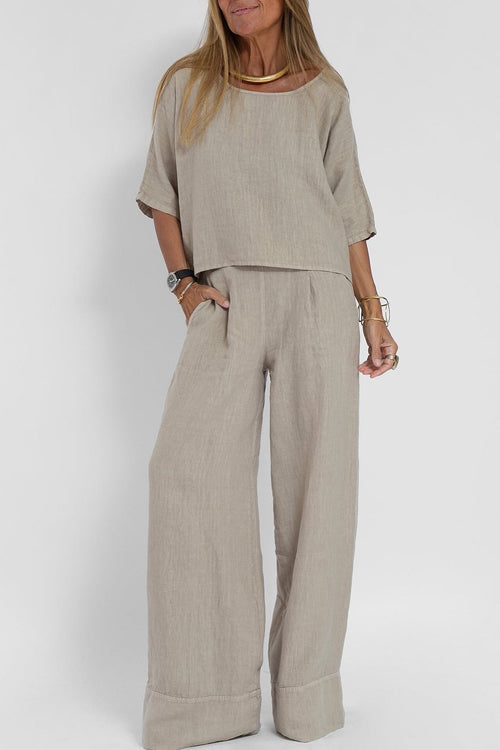 Ensemble Tailleur Femme en Coton-Lin, Haut Court et Pantalon Large Taille Haute, Chic et Confortable 1