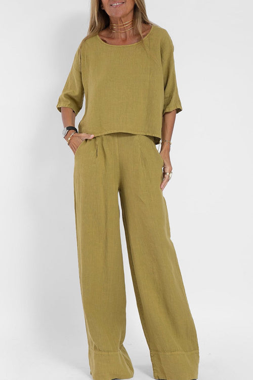 Ensemble Tailleur Femme en Coton-Lin, Haut Court et Pantalon Large Taille Haute, Chic et Confortable 2