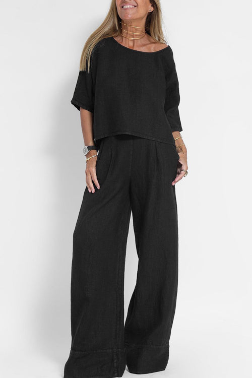 Ensemble Tailleur Femme en Coton-Lin, Haut Court et Pantalon Large Taille Haute, Chic et Confortable 3