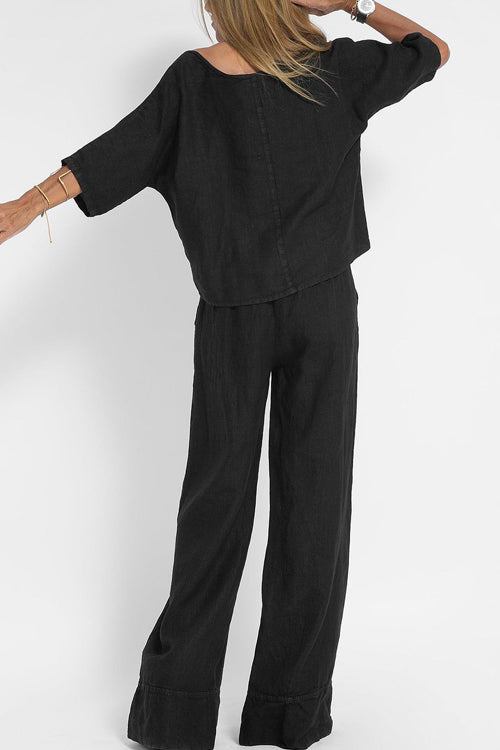Ensemble Tailleur Femme en Coton-Lin, Haut Court et Pantalon Large Taille Haute, Chic et Confortable 4