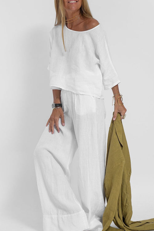 Ensemble Tailleur Femme en Coton-Lin, Haut Court et Pantalon Large Taille Haute, Chic et Confortable 5