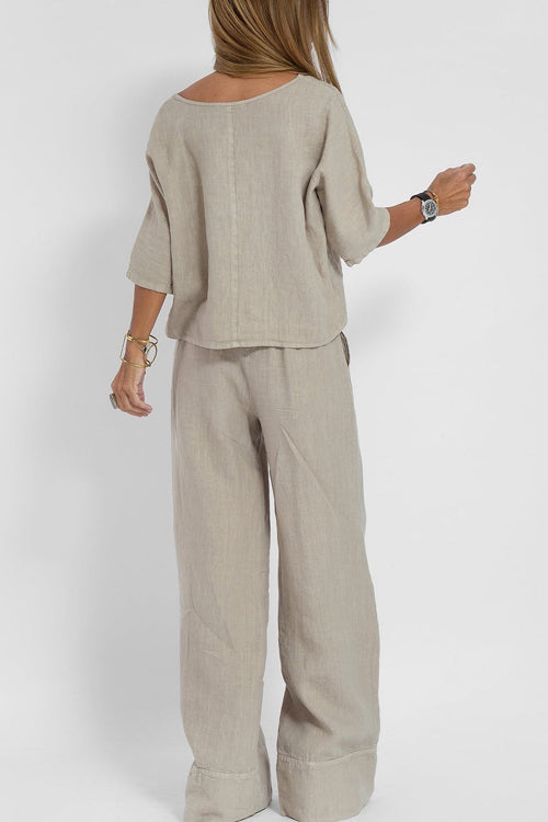 Ensemble Tailleur Femme en Coton-Lin, Haut Court et Pantalon Large Taille Haute, Chic et Confortable 6