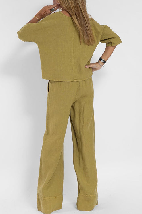 Ensemble Tailleur Femme en Coton-Lin, Haut Court et Pantalon Large Taille Haute, Chic et Confortable 7