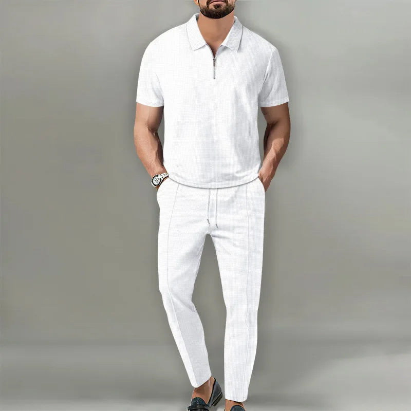Ensemble Urbain Confortable pour Homme en Tissu Tricoté – Chemise à Manches Courtes et Pantalon Élastique 1