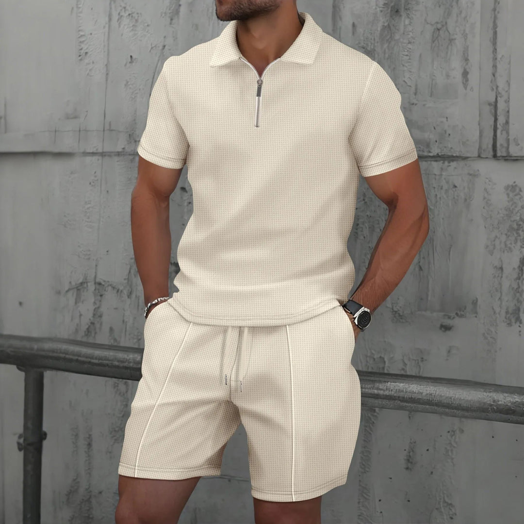Ensemble d'Été Homme – T-Shirt à Manches Courtes avec Col Zippé et Shorts Assortis en Tissu Léger 0