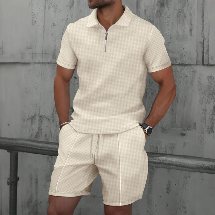 Ensemble d'Été Homme – T-Shirt à Manches Courtes avec Col Zippé et Shorts Assortis en Tissu Léger 0