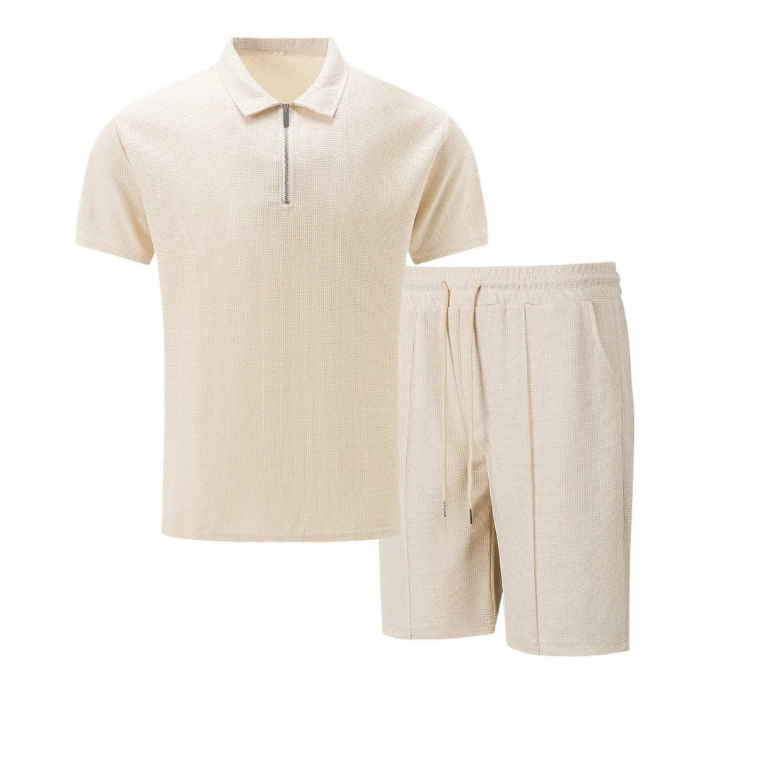 Ensemble d'Été Homme – T-Shirt à Manches Courtes avec Col Zippé et Shorts Assortis en Tissu Léger 1