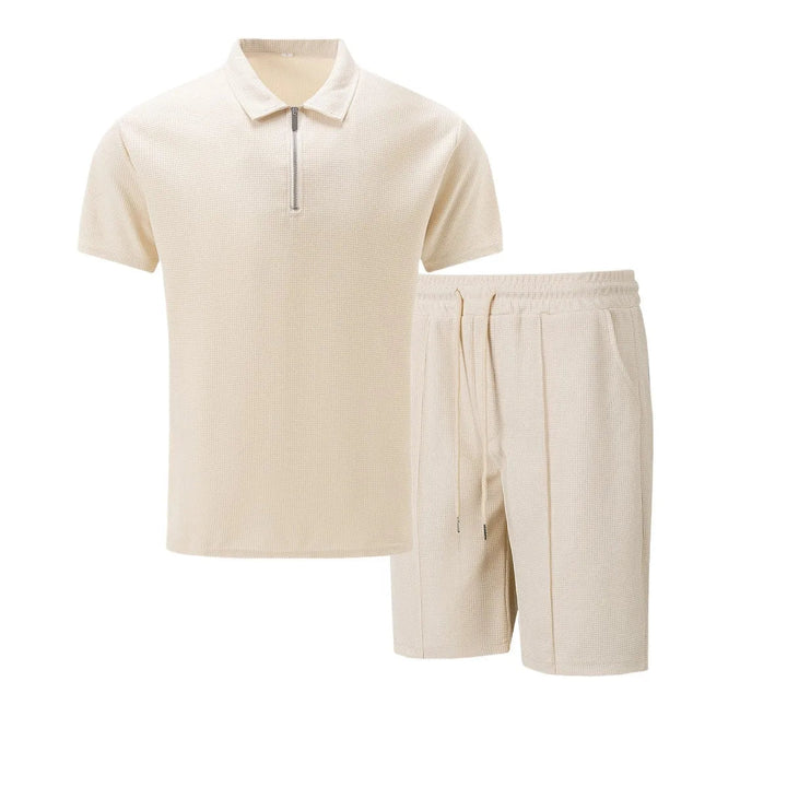 Ensemble d'Été Homme – T-Shirt à Manches Courtes avec Col Zippé et Shorts Assortis en Tissu Léger 1