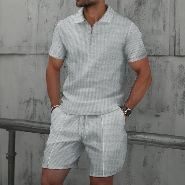 Ensemble d'Été Homme – T-Shirt à Manches Courtes avec Col Zippé et Shorts Assortis en Tissu Léger 10