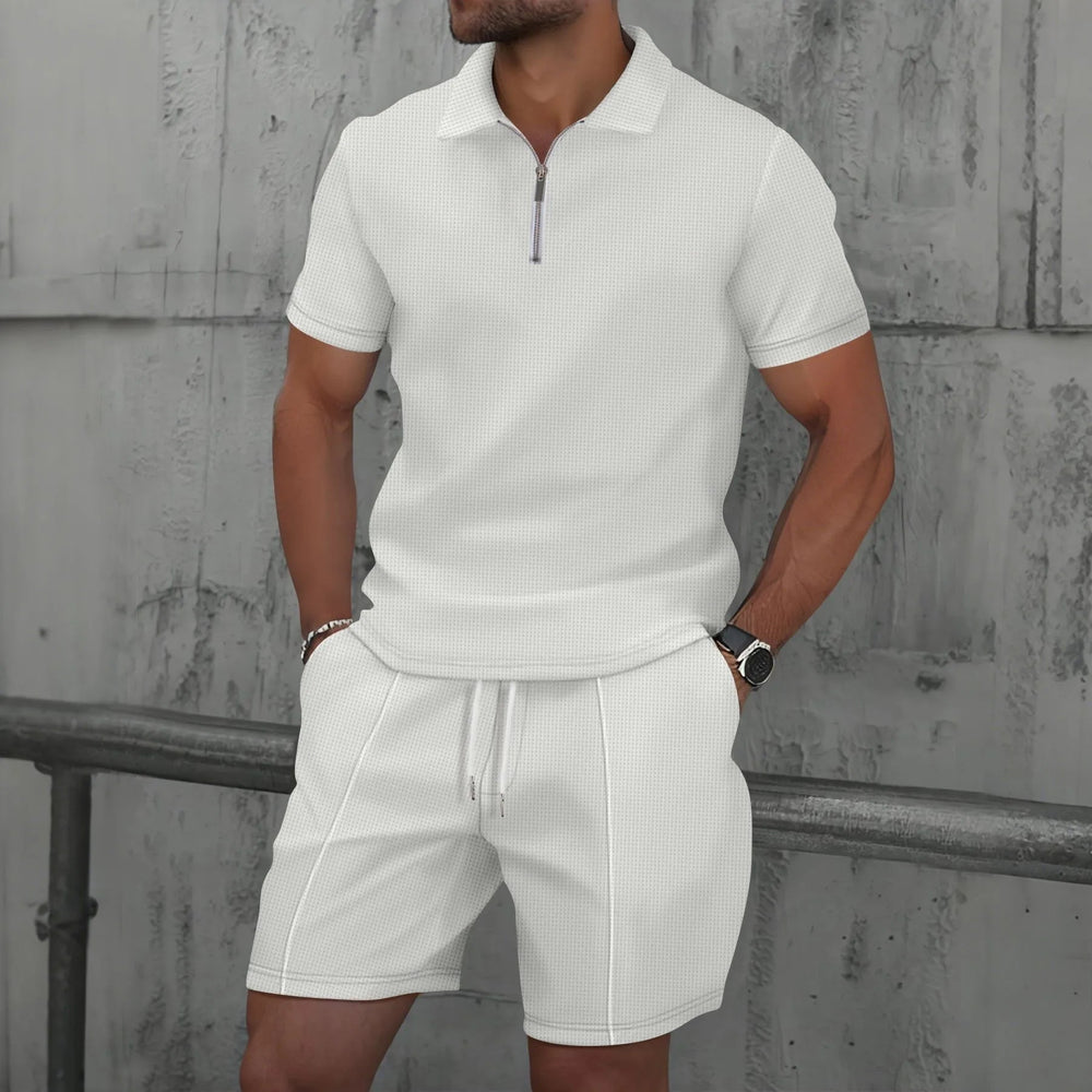 Ensemble d'Été Homme – T-Shirt à Manches Courtes avec Col Zippé et Shorts Assortis en Tissu Léger 3
