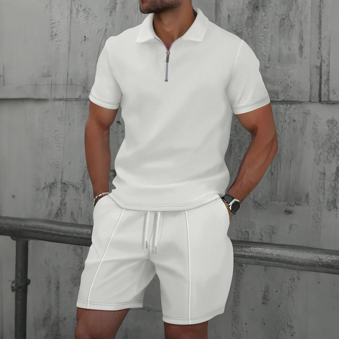 Ensemble d'Été Homme – T-Shirt à Manches Courtes avec Col Zippé et Shorts Assortis en Tissu Léger 3