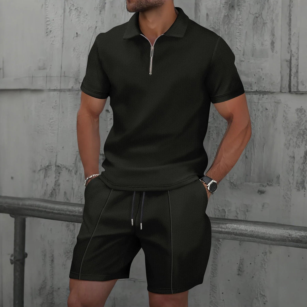 Ensemble d'Été Homme – T-Shirt à Manches Courtes avec Col Zippé et Shorts Assortis en Tissu Léger 6