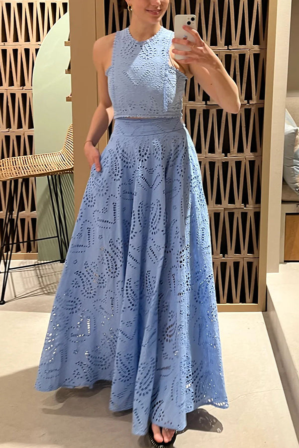 Ensemble en Dentelle Élégant avec Top Court et Jupe Large – Parfait pour l'Été 9