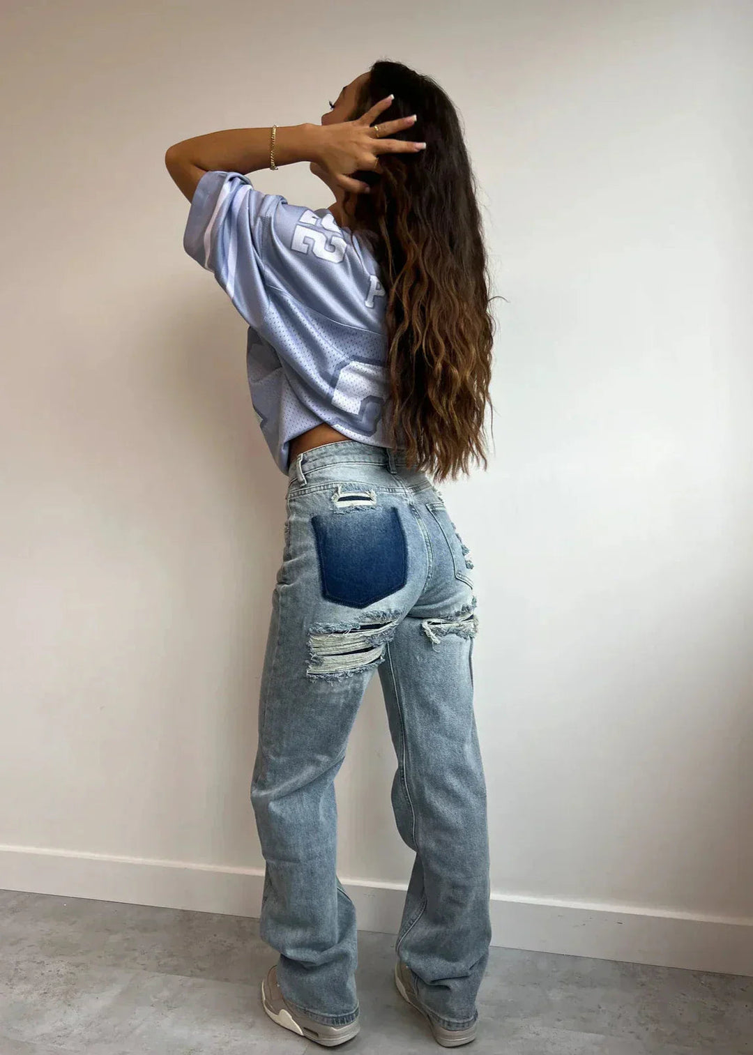 Jean Troué Vintage Femme Taille Haute avec Détails Déchirés et Poche Patchwork – Style Casual en Denim Bleu 0