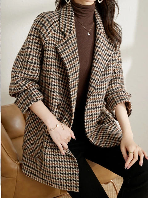 Manteau Femme Élégant Mila en Houndstooth, Coupe Ajustée pour Automne - Noir et Blanc, Tissu de Haute Qualité 0