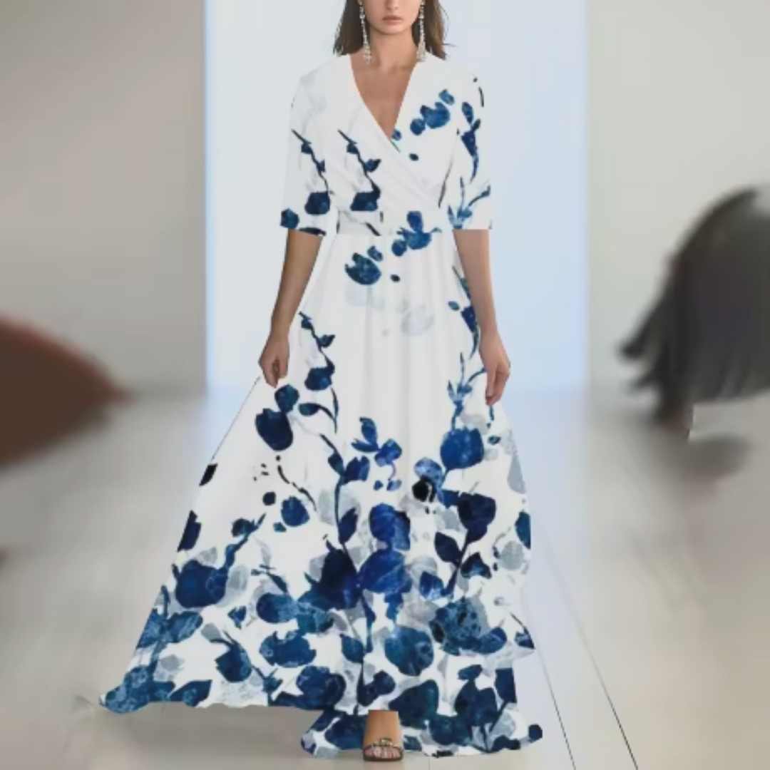 Robe Longue Fleurie Femme – Col V, Manches Longues et Coupe A-Line