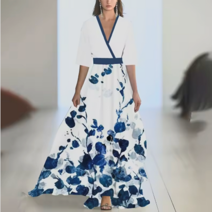 Robe Longue Fleurie Femme – Col V, Manches Longues et Coupe A-Line