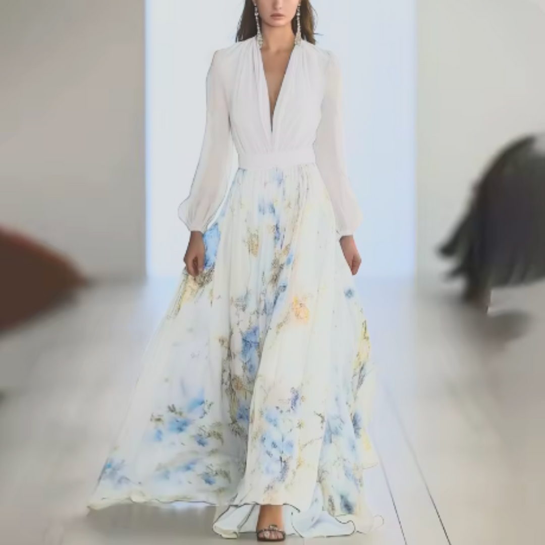 Robe Longue Fleurie Femme – Col V, Manches Longues et Coupe A-Line