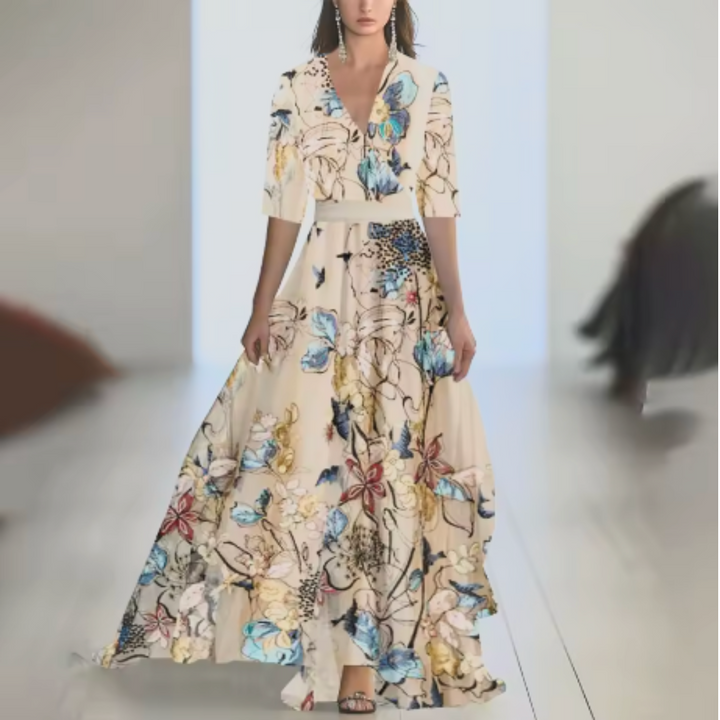 Robe Longue Fleurie Femme – Col V, Manches Longues et Coupe A-Line