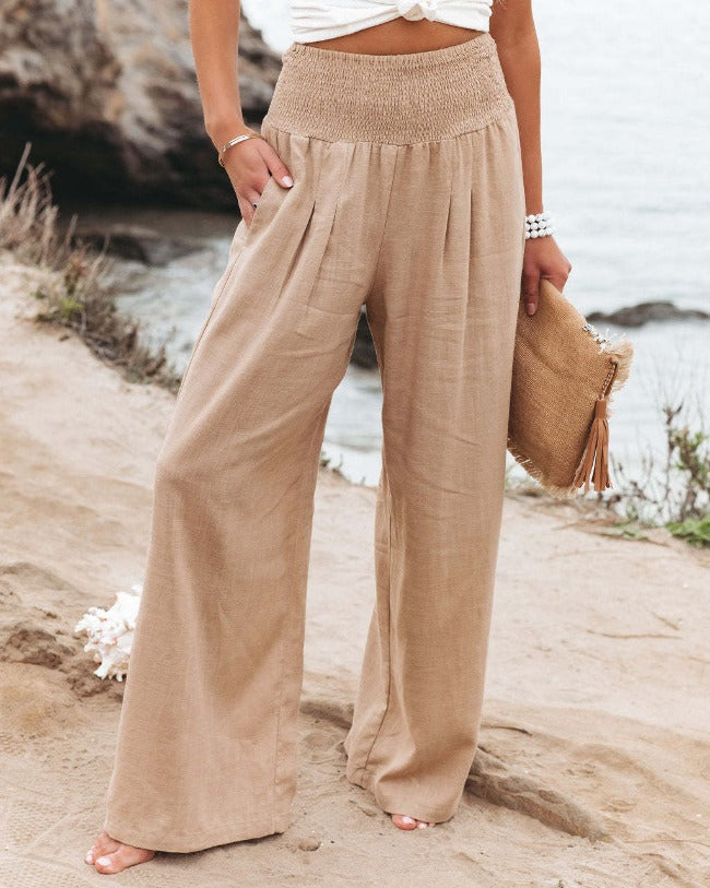 Pantalon Fluide Femme Taille Haute en Coton-Lin, Jambes Larges, Confortable et Élégant – Idéal pour Toutes Occasions 0