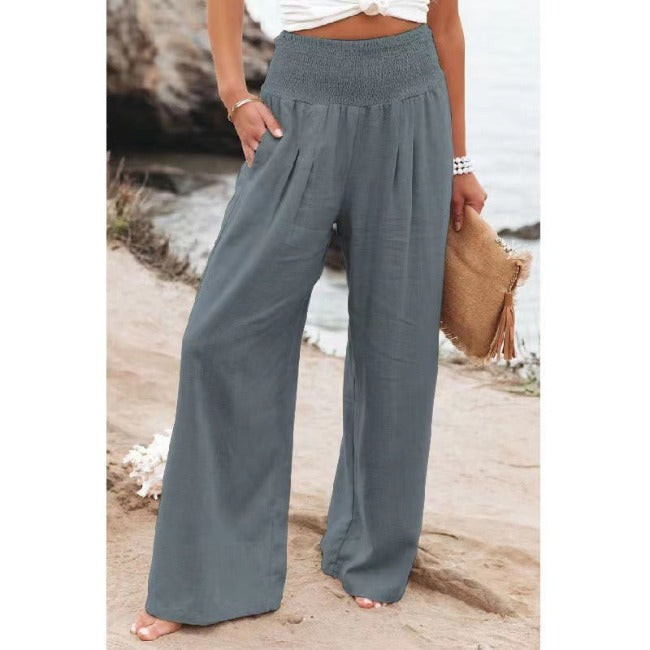 Pantalon Fluide Femme Taille Haute en Coton-Lin, Jambes Larges, Confortable et Élégant – Idéal pour Toutes Occasions 1