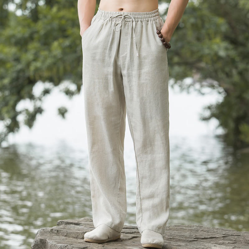 Pantalon Lin Homme Ample avec Poches – Confort et Élégance en Coton et Lin, Idéal pour Activités Quotidiennes 0