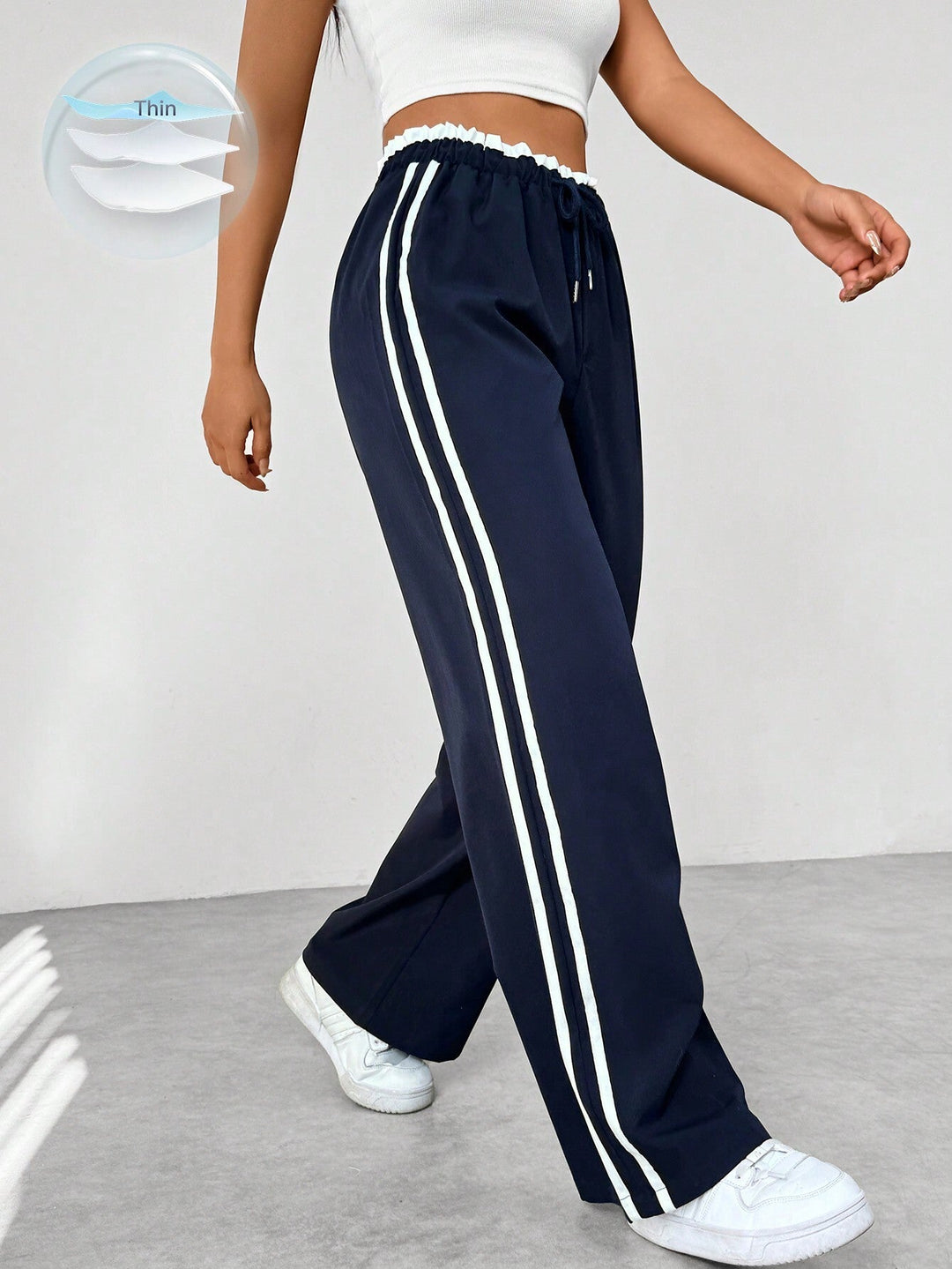 Pantalon Sportif Femme Large avec Taille Élastique et Rayures Latérales – Confort et Style Décontracté 0