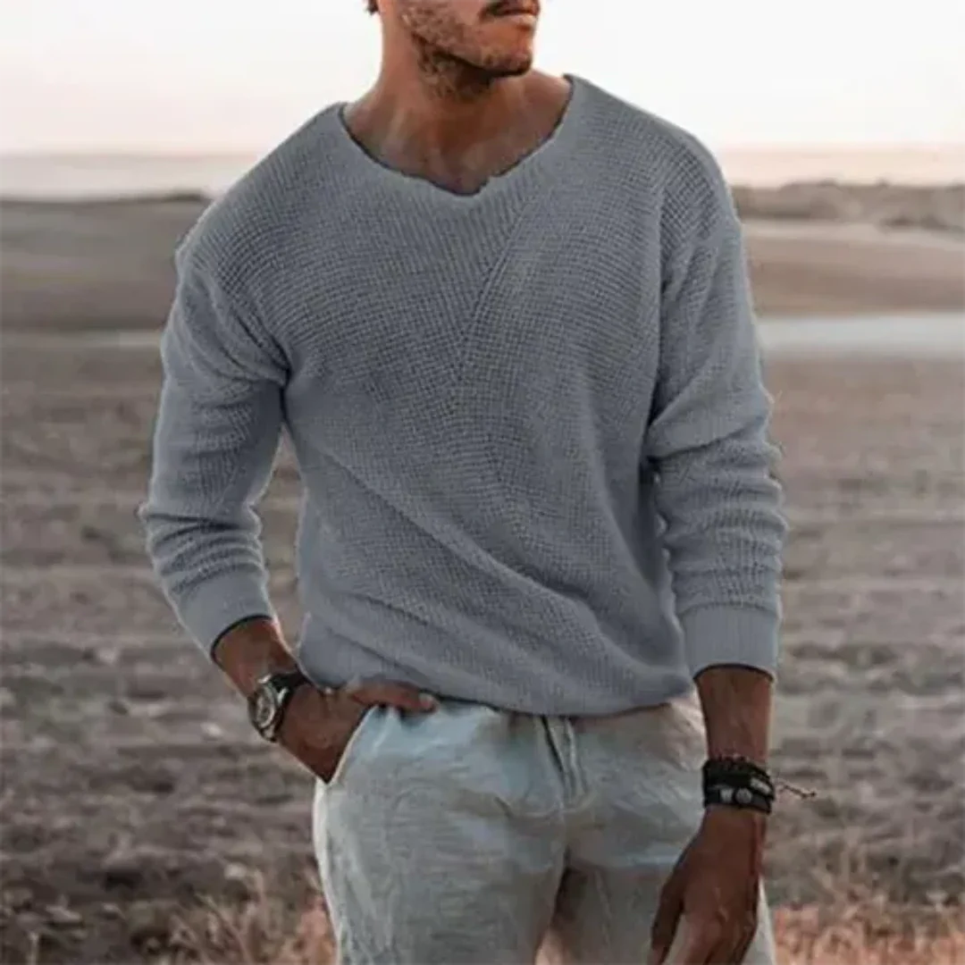 Pull Homme Long Manches Gris Taille M Tricot Doux 2