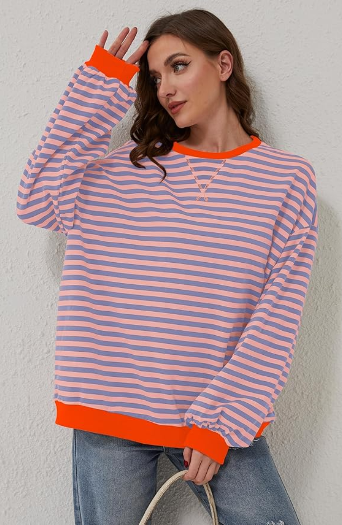 Pull Oversize Femme Rayé en Ambre – Confort Élégant pour Toutes Occasions, Tissu Doux, Coupe Décontractée, Idéal pour Toutes Silhouettes 7