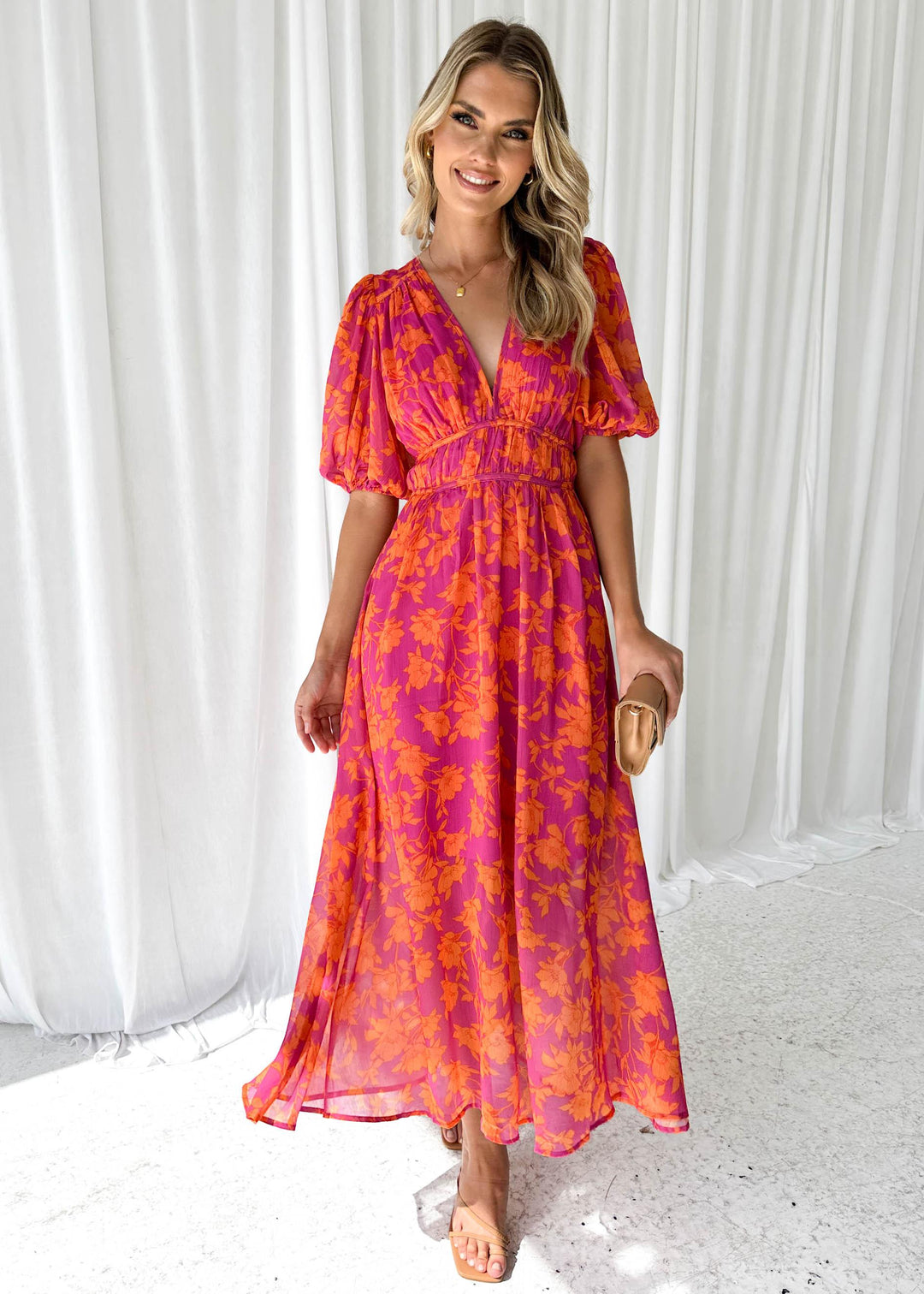 Robe Longue Femme Fleurie en V avec Manches Bouffantes – Robe Maxi Été Élégante et Légère 0