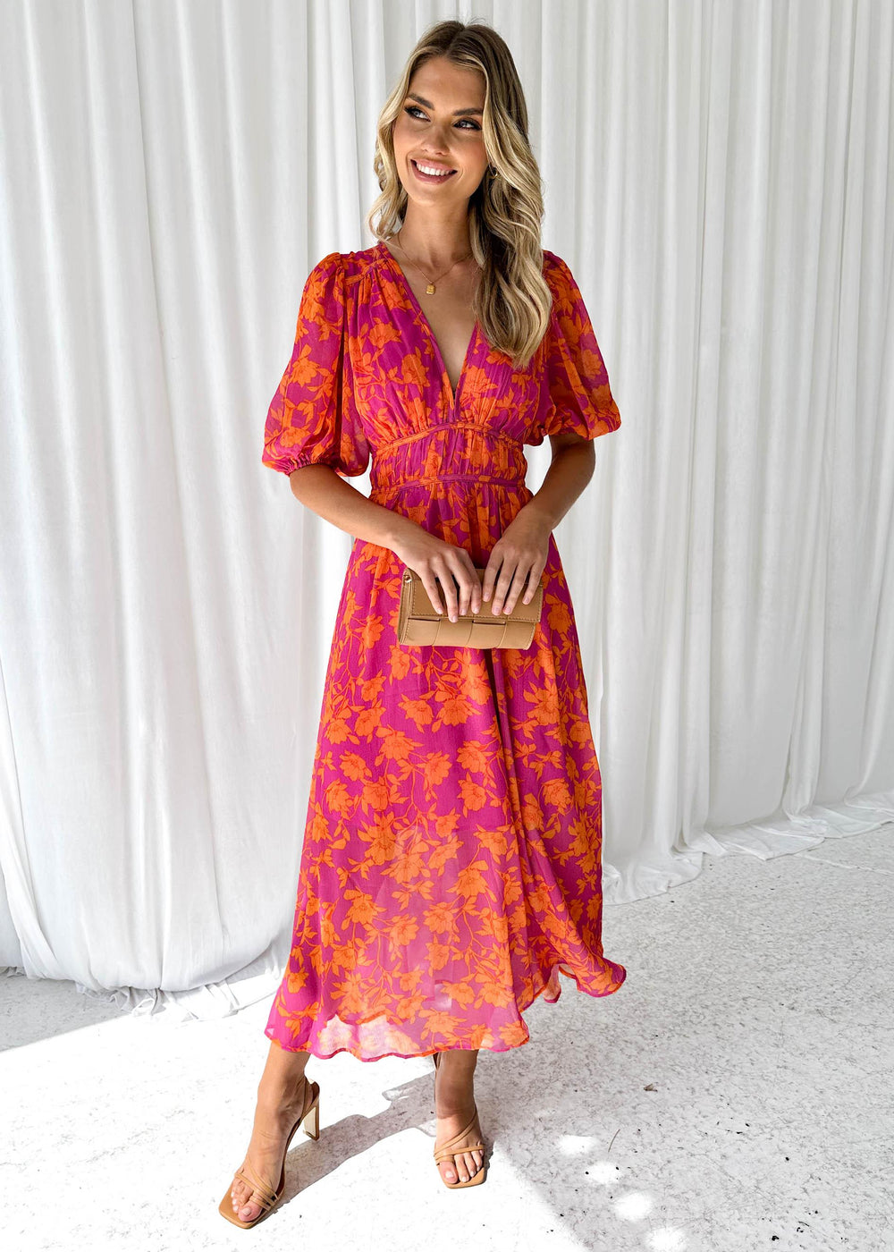 Robe Longue Femme Fleurie en V avec Manches Bouffantes – Robe Maxi Été Élégante et Légère 1
