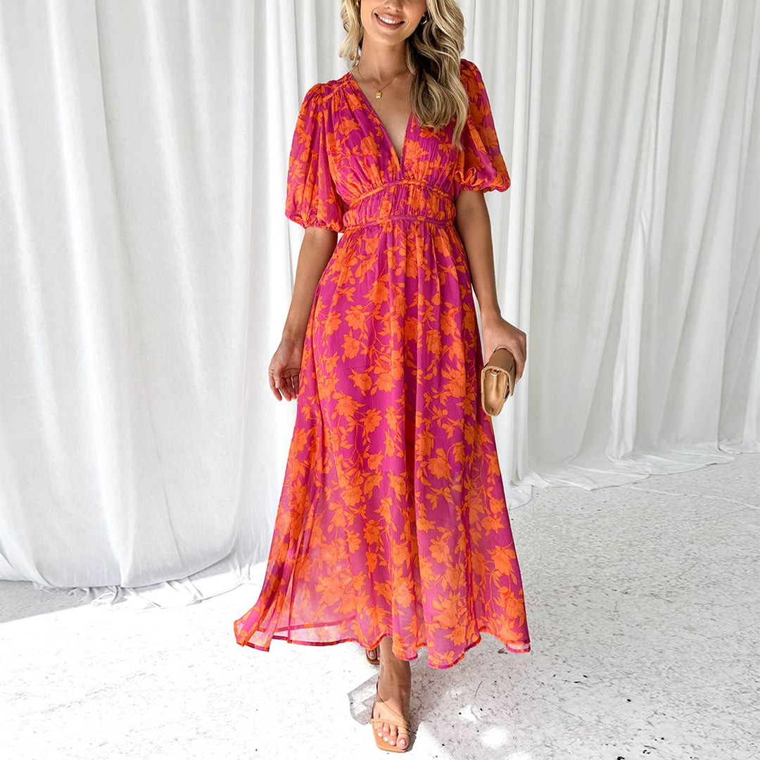 Robe Longue Femme Fleurie en V avec Manches Bouffantes – Robe Maxi Été Élégante et Légère 2