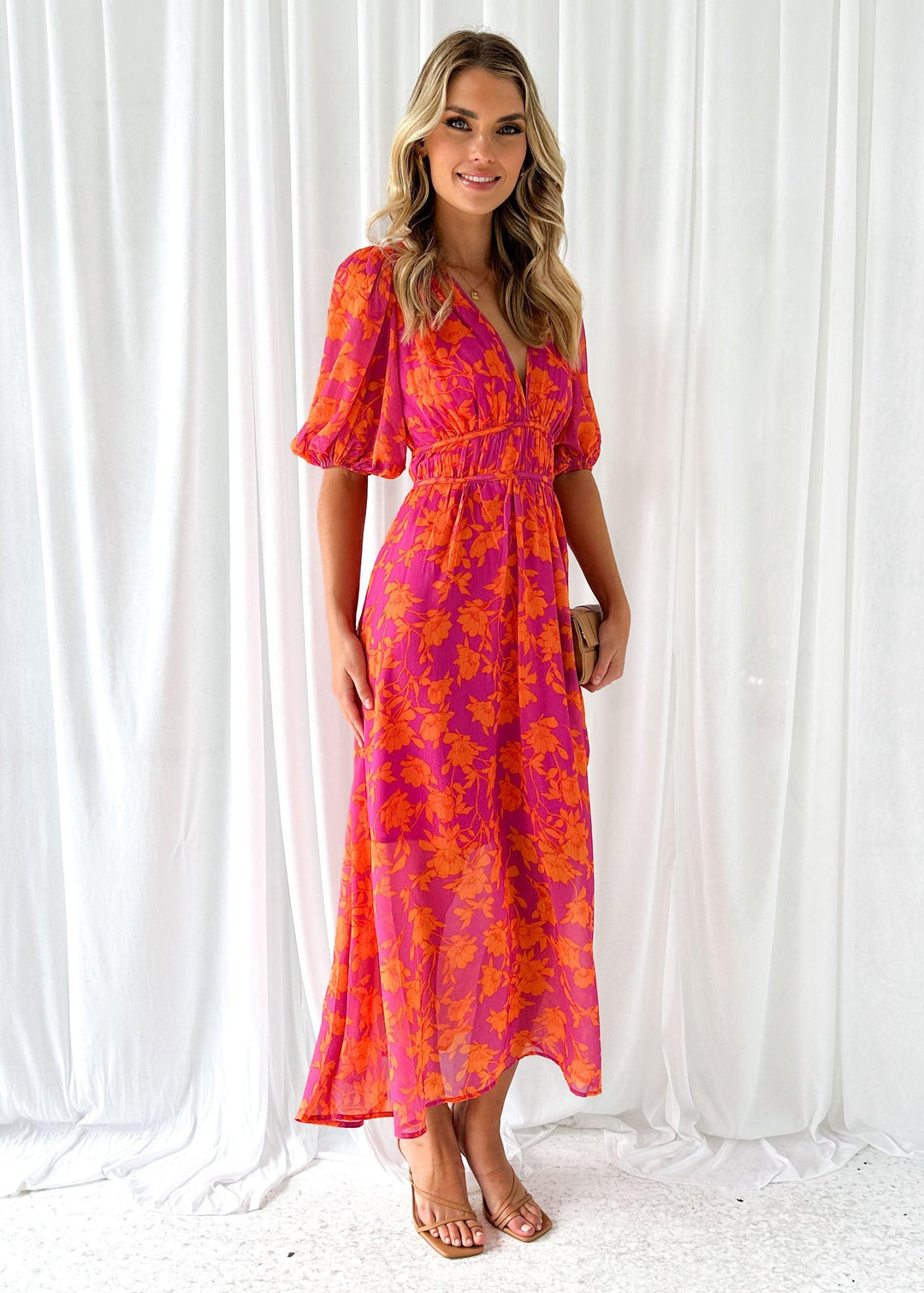 Robe Longue Femme Fleurie en V avec Manches Bouffantes – Robe Maxi Été Élégante et Légère 3