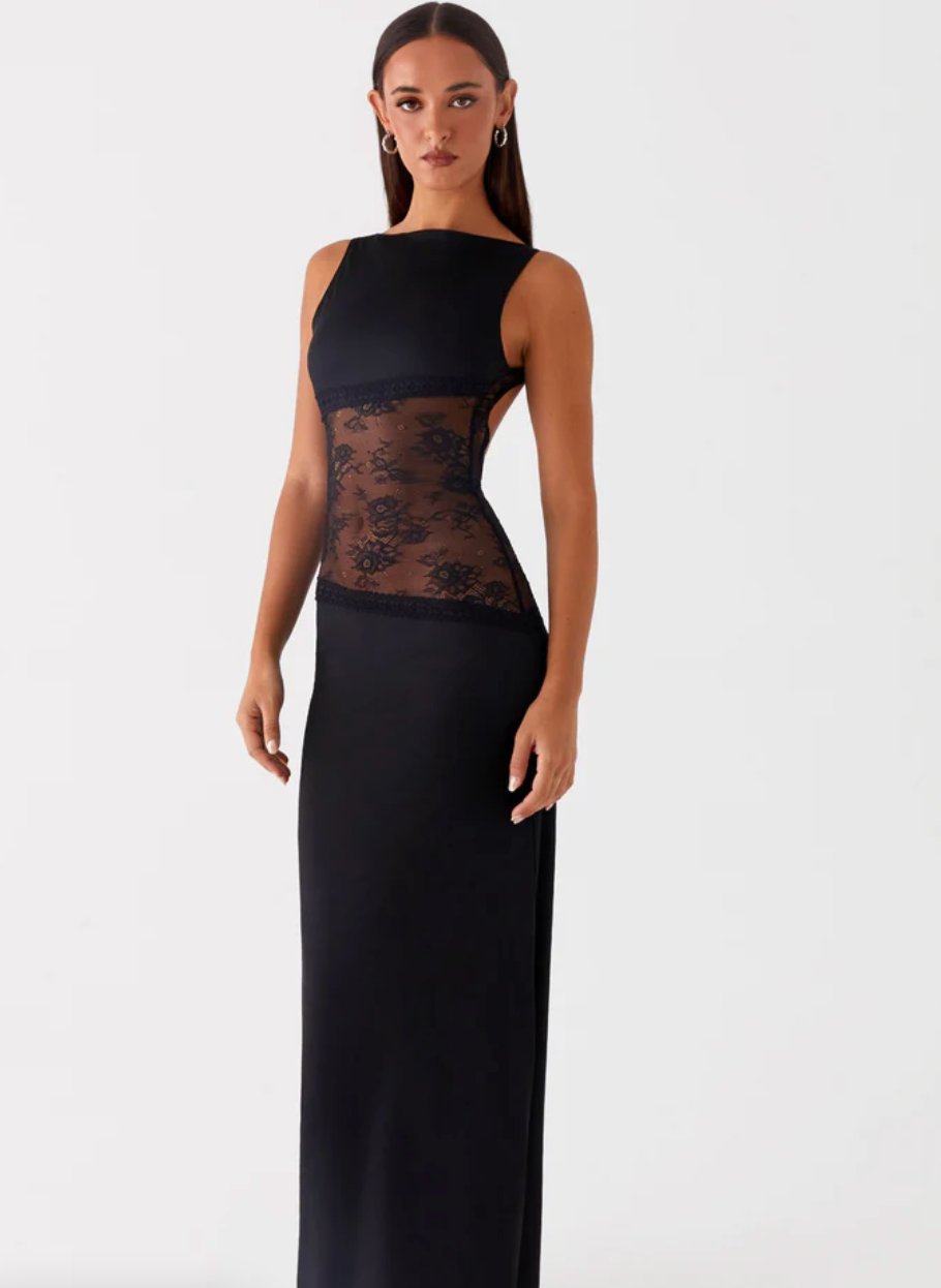 Robe Longue Femme Noire Élégante avec Détail en Dentelle Transparente – Maxi Longueur Été Chic 6