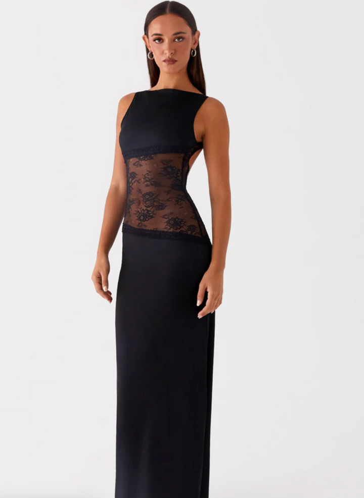Robe Longue Femme Noire Élégante avec Détail en Dentelle Transparente – Maxi Longueur Été Chic 6