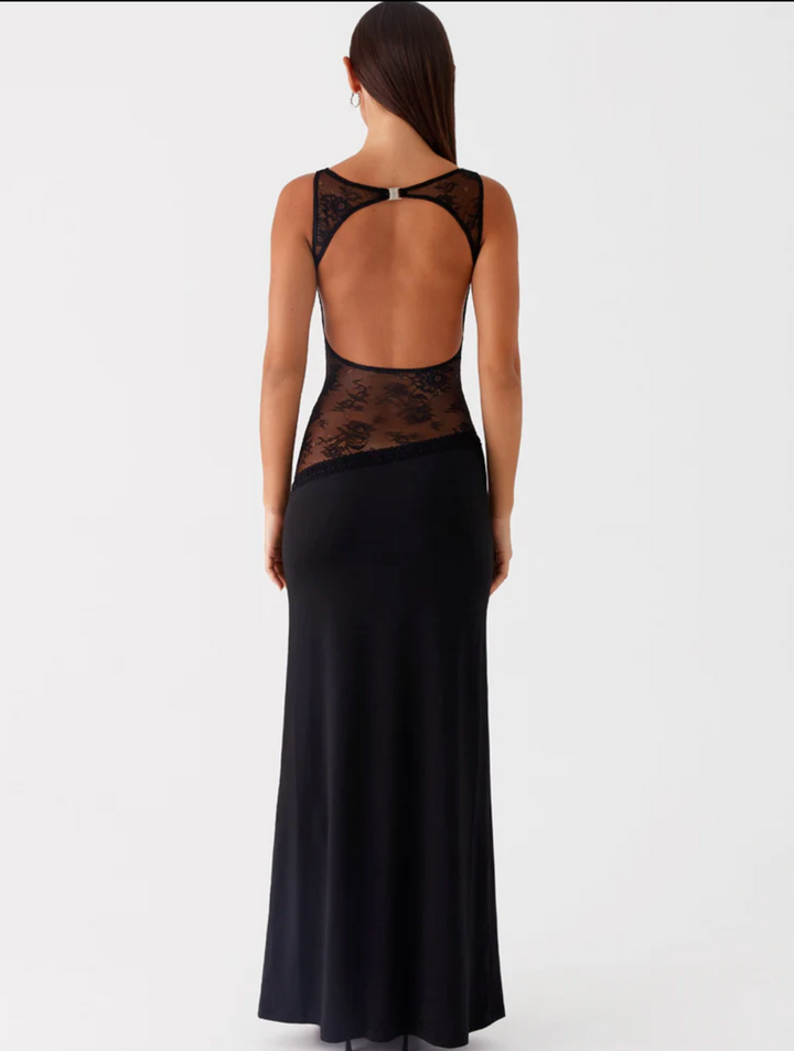 Robe Longue Femme Noire Élégante avec Détail en Dentelle Transparente – Maxi Longueur Été Chic 7
