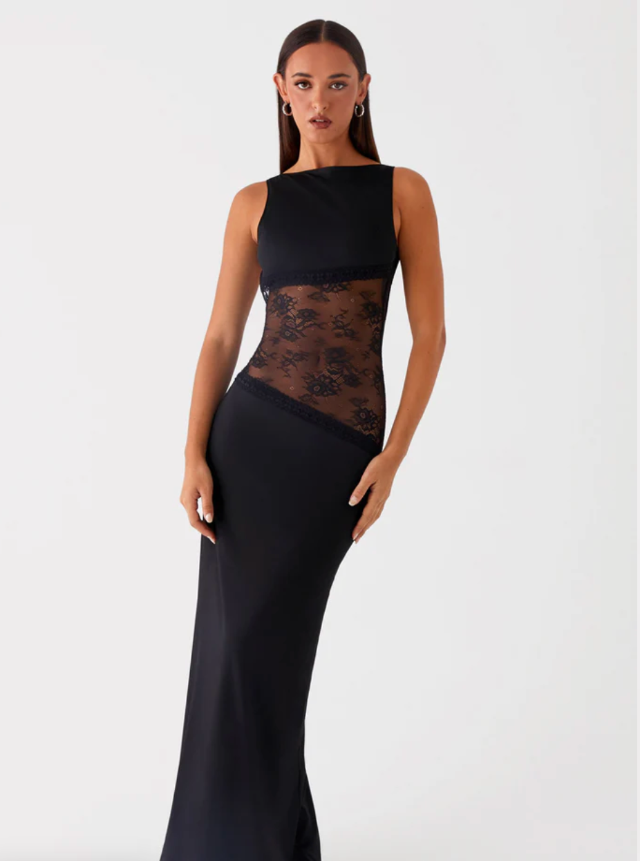 Robe Longue Femme Noire Élégante avec Détail en Dentelle Transparente – Maxi Longueur Été Chic 8