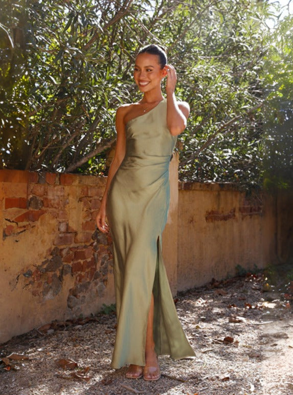 Robe Longue Femme Satinée One-Shoulder avec Fente Élégante - Idéale pour Soirées et Événements Spéciaux 2