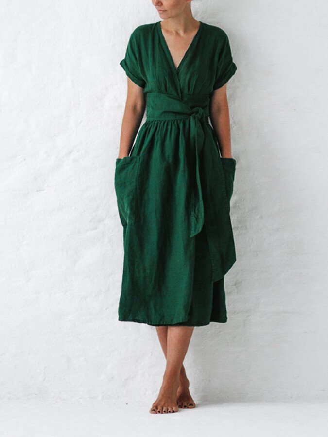 Robe Longue Femme en Lin avec Ceinture et Poches – Élégante et Confortable pour Toutes Occasions 0