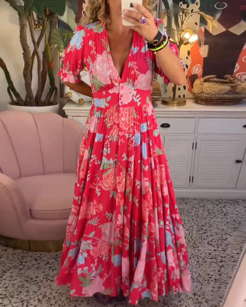 Robe Longue Fleurie Femme Col V Taille M Polyester A-Line 0