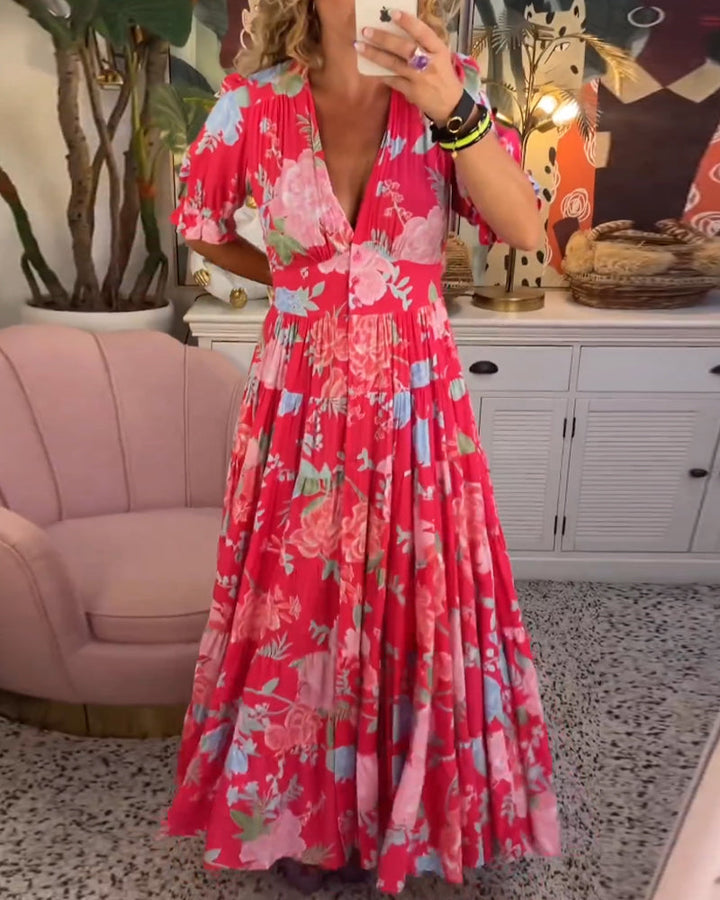 Robe Longue Fleurie Femme Col V Taille M Polyester A-Line 0