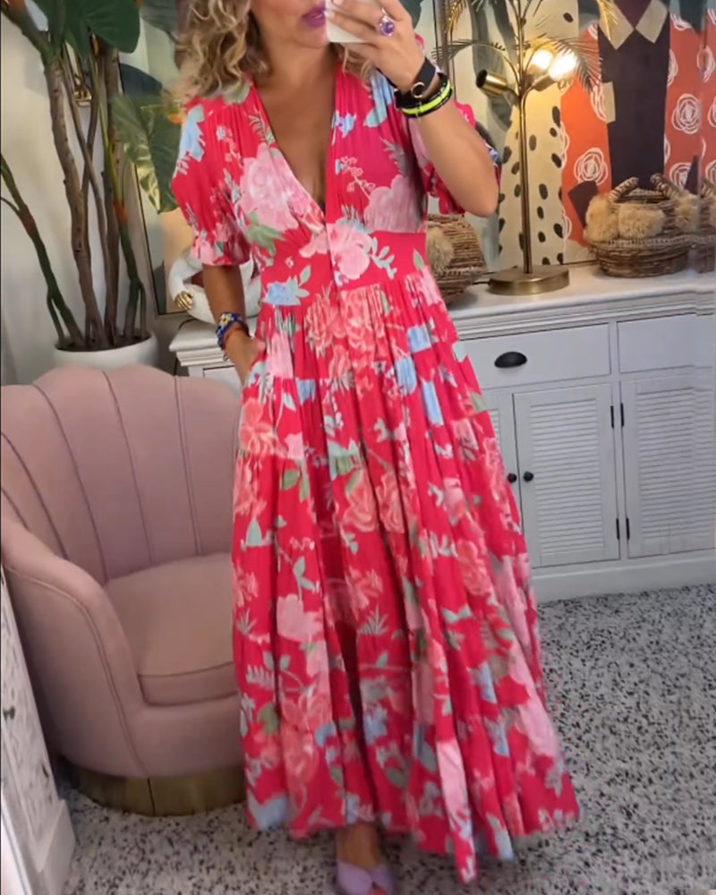 Robe Longue Fleurie Femme Col V Taille M Polyester A-Line 1